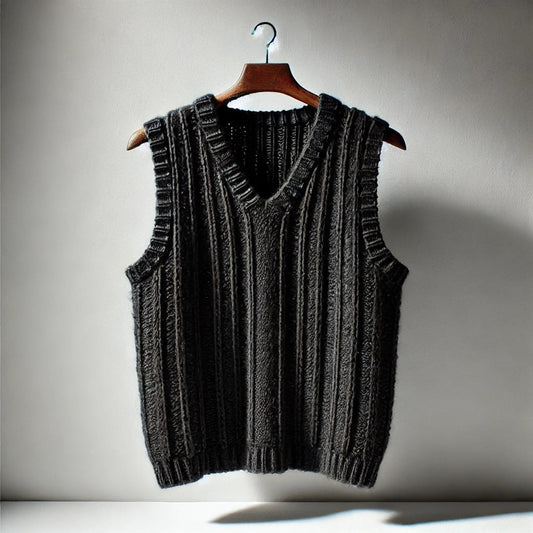 HAND ARTS Handmade Black Sleeveless Woolen Sweater for Men – Classic Ribbed Design