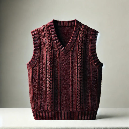 HAND ARTS Handmade Maroon Sleeveless Woolen Sweater for Men – Intricate Ribbed Design