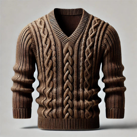 HAND ARTS Stylish Handmade Brown Woolen Sweater – Intricate Cable-Knit Design