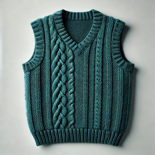 HAND ARTS Handmade Teal Green Sleeveless Woolen Sweater – Elegant Cable-Knit Design